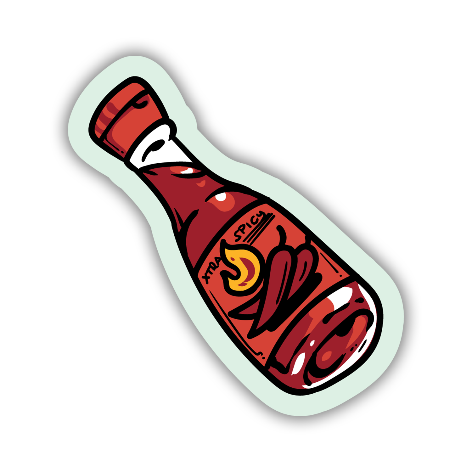 Hot sauce bottle sticker with chili peppers and flame on a light green background