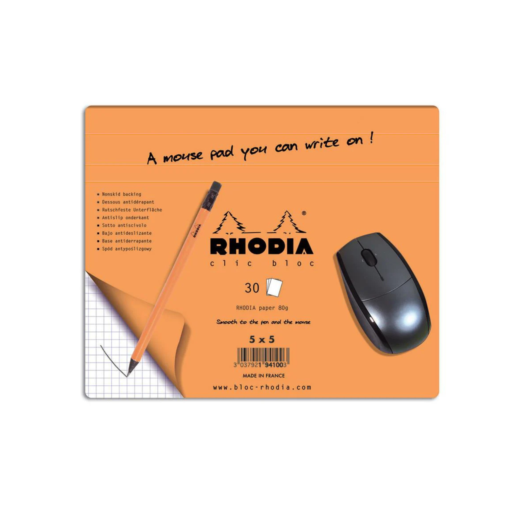 Rhodia mouse pad with a pencil and mouse on an orange background
