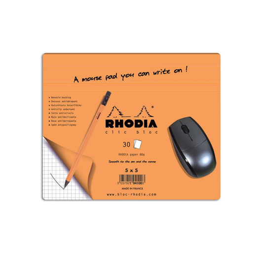 Rhodia mouse pad with a pencil and mouse on an orange background