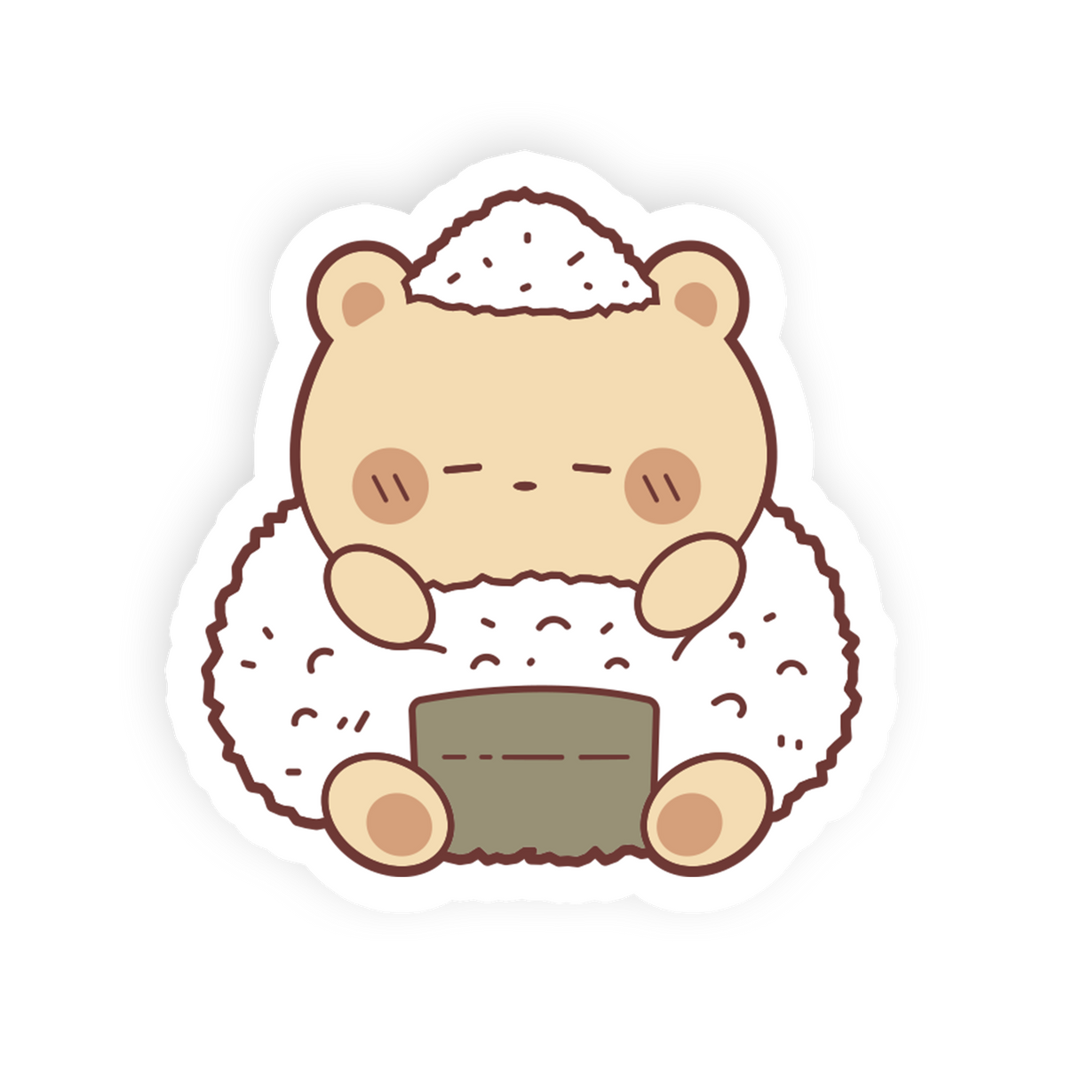 A cute cartoon sticker of a bear-shaped onigiri (rice ball) with a seaweed packet, shown on a plain white background.