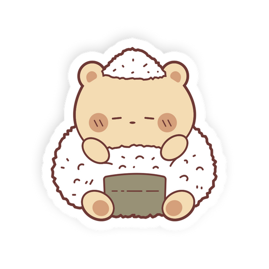 A cute cartoon sticker of a bear-shaped onigiri (rice ball) with a seaweed packet, shown on a plain white background.