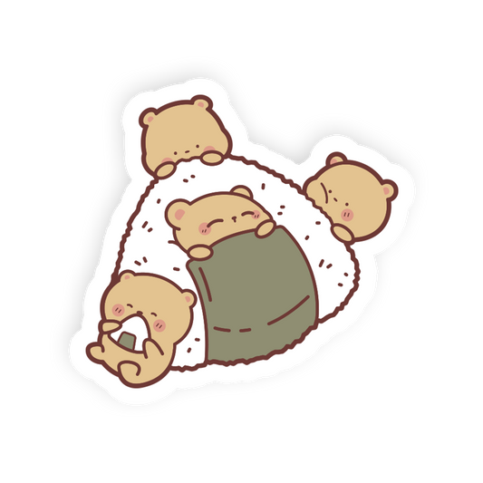 A cute cartoon sticker of five small teddy bear characters sleeping on a mound of white rice with a dark green seaweed wrapper, shown on a plain white background.