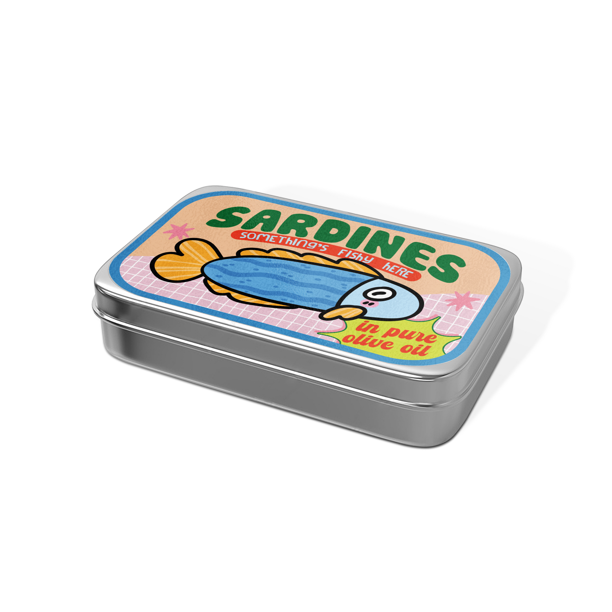 Metallic tin with a colorful sardine illustration on a white background