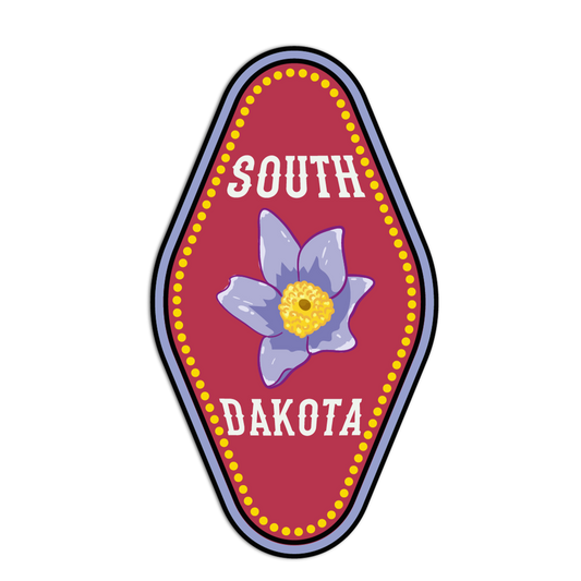 Sticker with a purple flower and 'South Dakota' text on a red background
