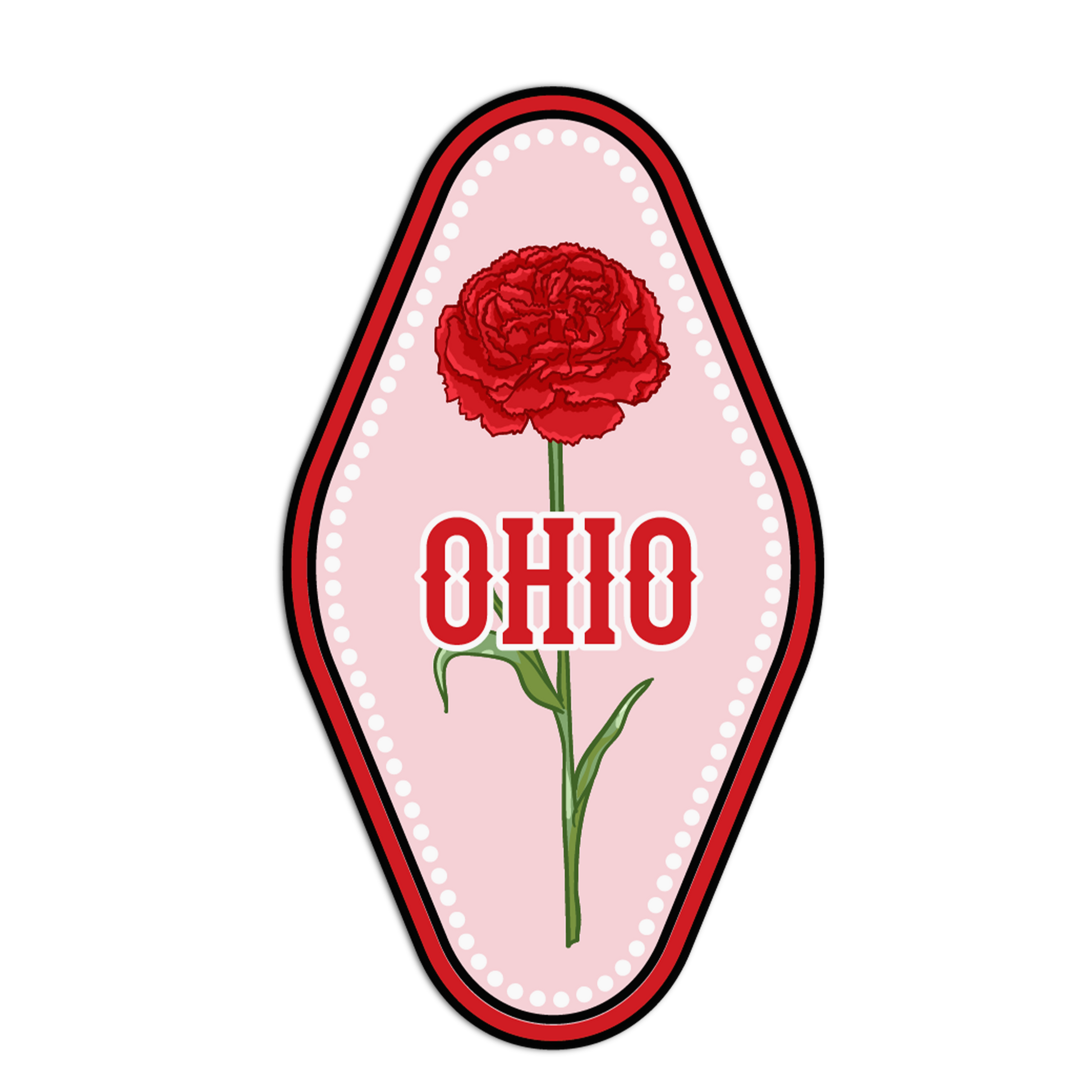 Sticker with a red rose and 'OHIO' text on a pink background