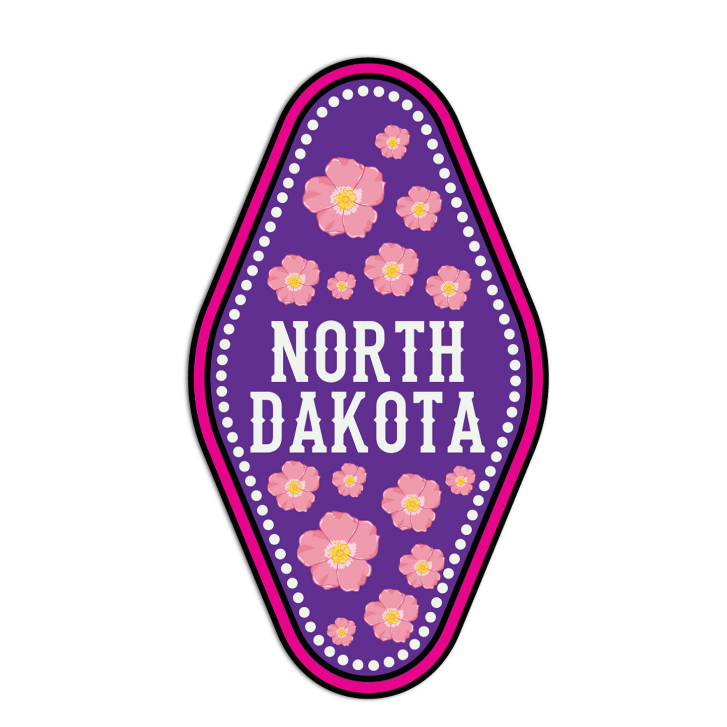 Sticker with 'North Dakota' text and floral design on a purple background