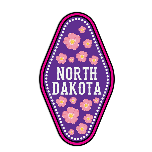 Sticker with 'North Dakota' text and floral design on a purple background