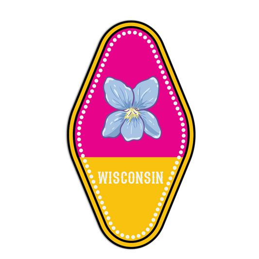 Sticker with a blue flower on a pink and yellow background, featuring the word 'Wisconsin'.