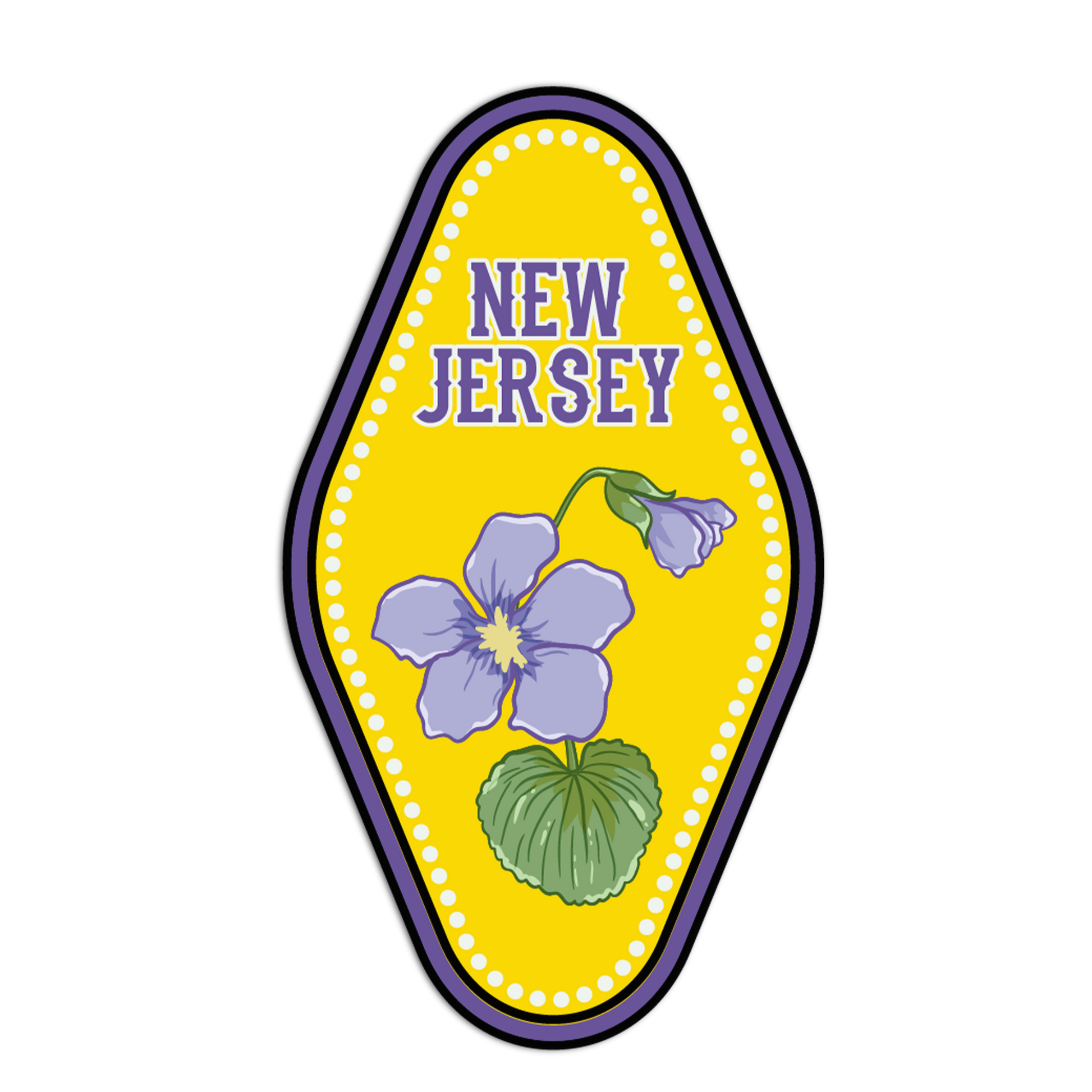 Sticker with 'New Jersey' text and a purple flower on a yellow background