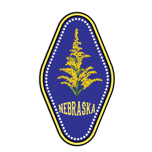 Emblem of Nebraska with yellow flower and 'Nebraska' text on a blue background