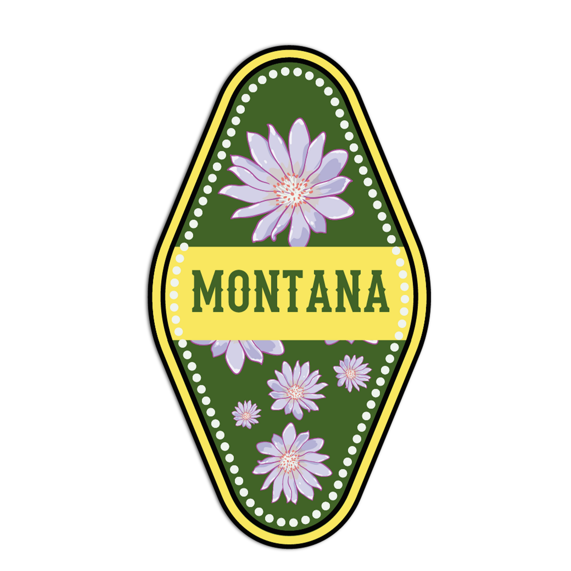 Decorative sticker with purple flowers and 'Montana' text on a green background