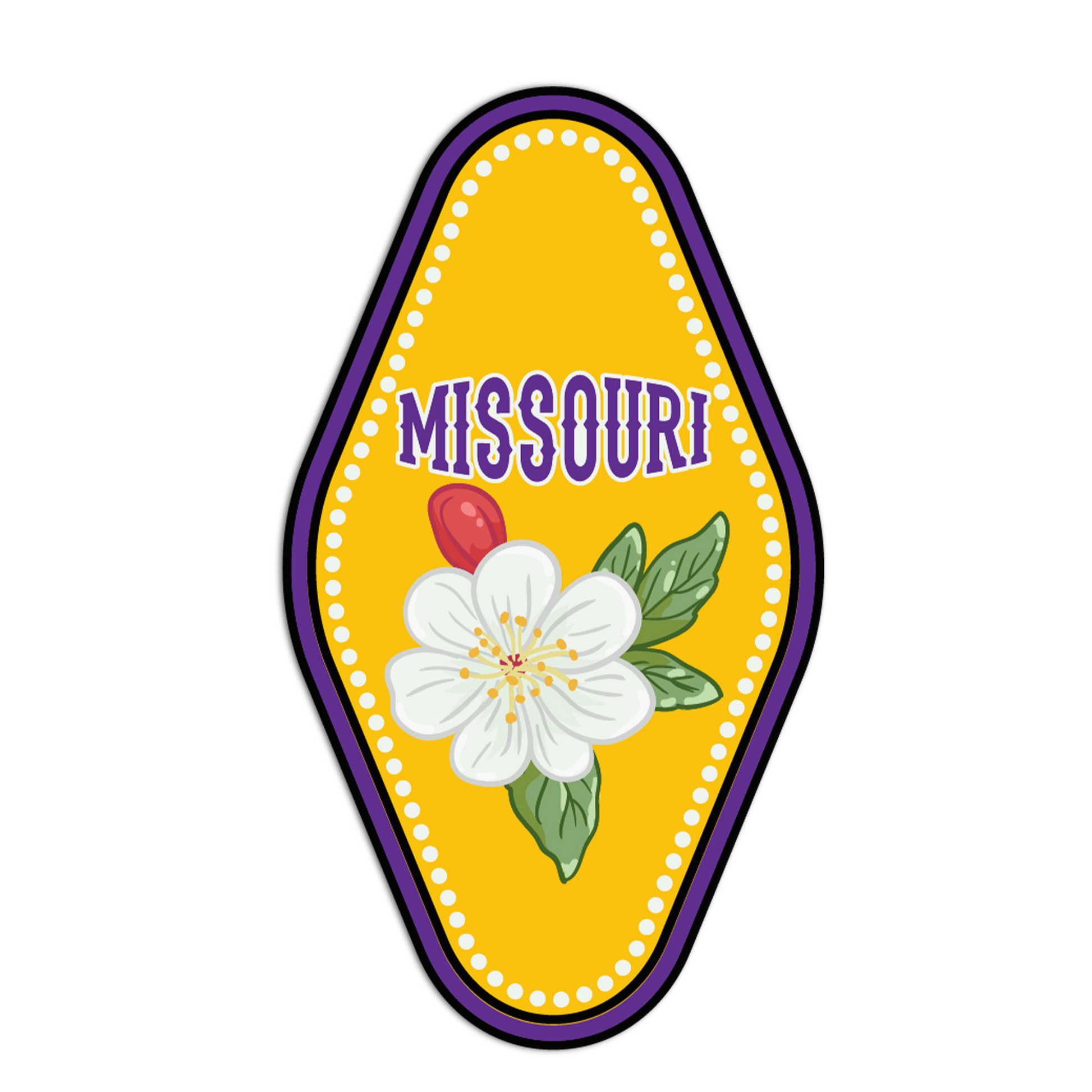 Decorative sticker with 'Missouri' text and a flower design on a yellow background