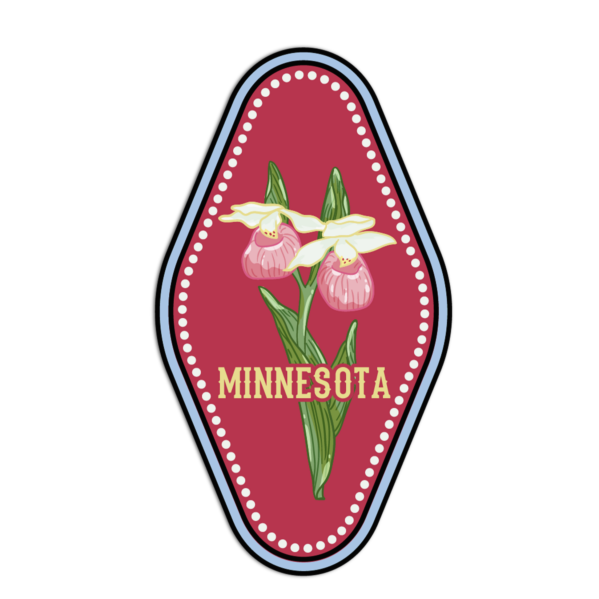 Minnesota state flower emblem with pink lady's slipper orchids on a red background