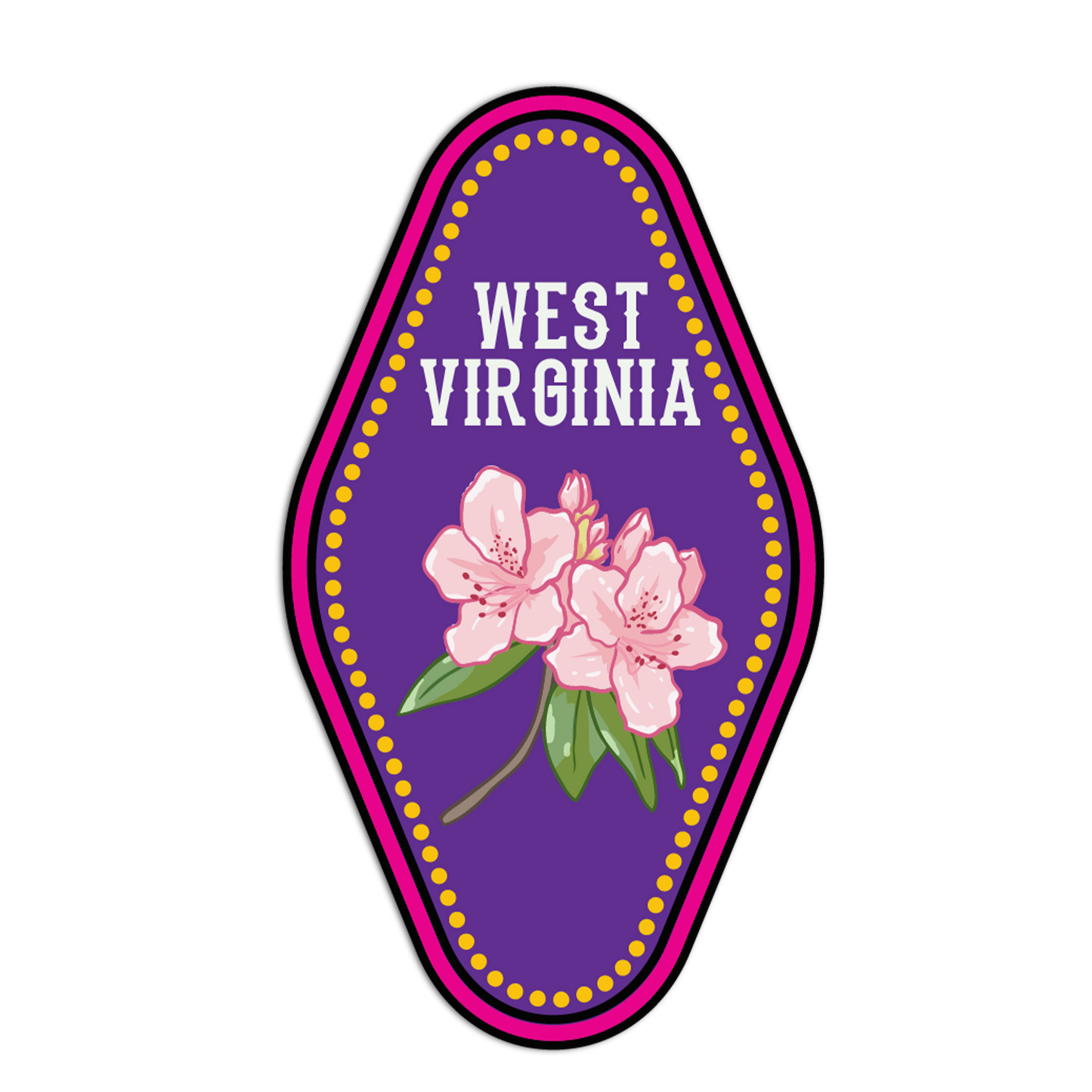 Sticker with pink flowers and 'West Virginia' text on a purple background