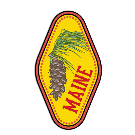 Decorative sticker with pine cone and leaves on a yellow background with 'MAINE' text.
