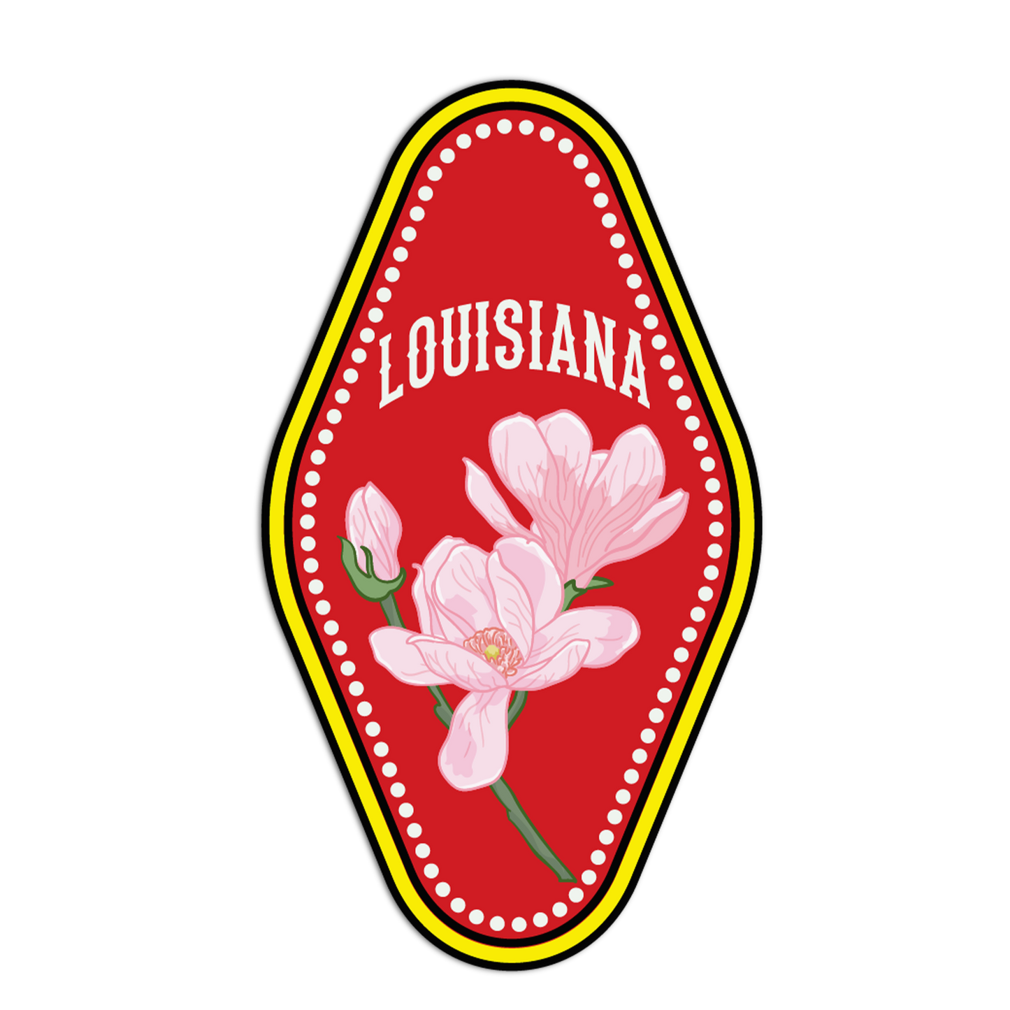 Emblem with pink flowers and 'Louisiana' text on a red background