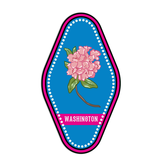 Sticker with pink flower and 'Washington' text on a blue background