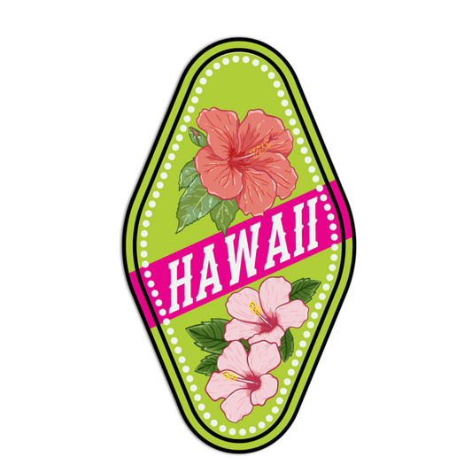 Flip-flop with pink flowers and 'Hawaii' text on a green background