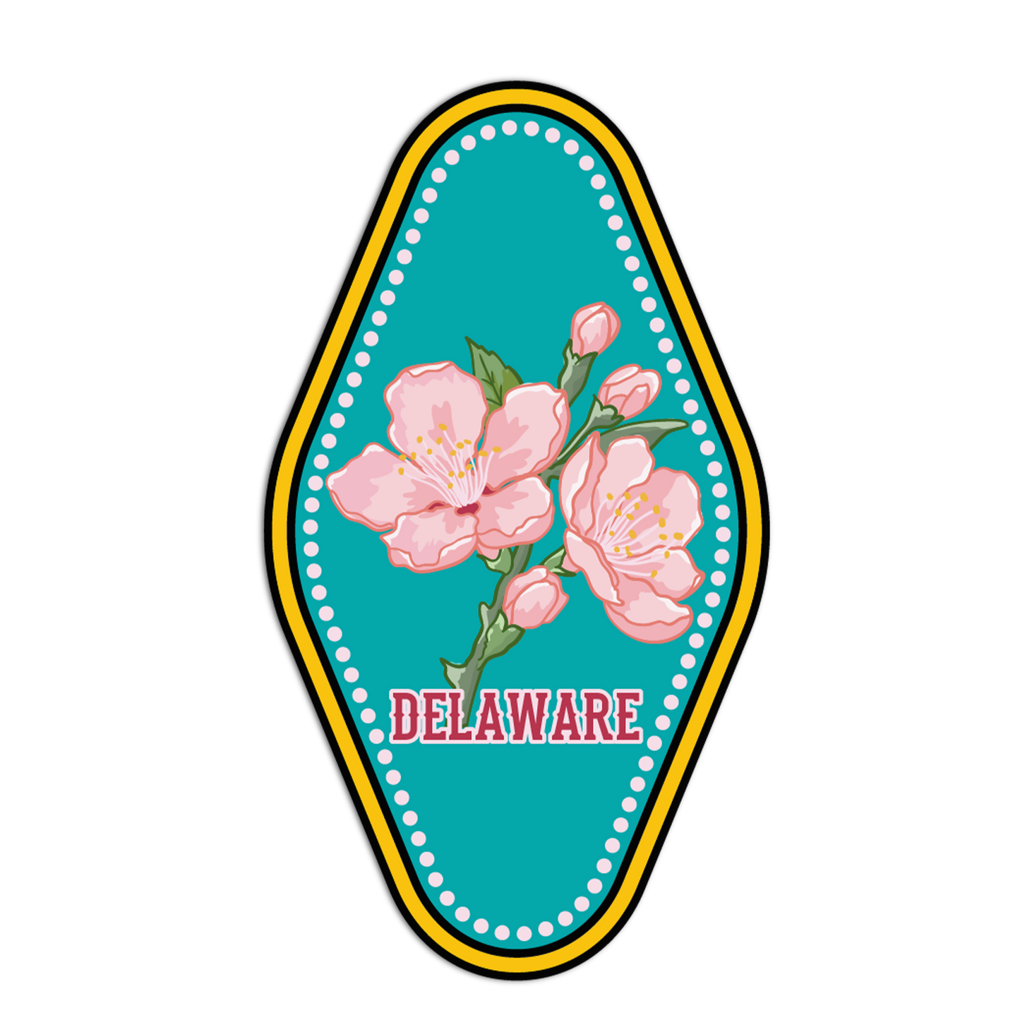 Sticker with pink flowers and 'Delaware' text on a teal background