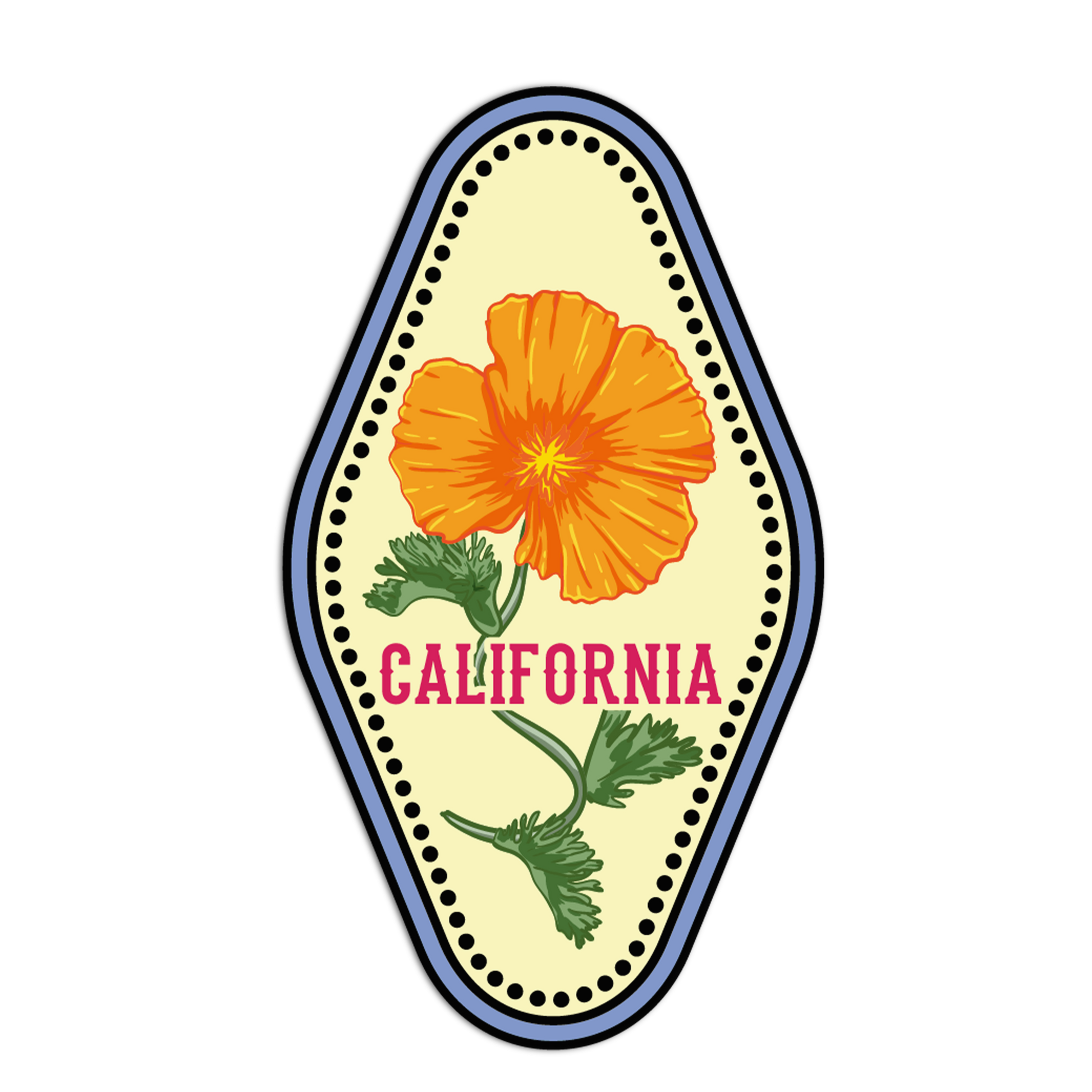 Sticker with a California poppy flower and 'California' text on a white background