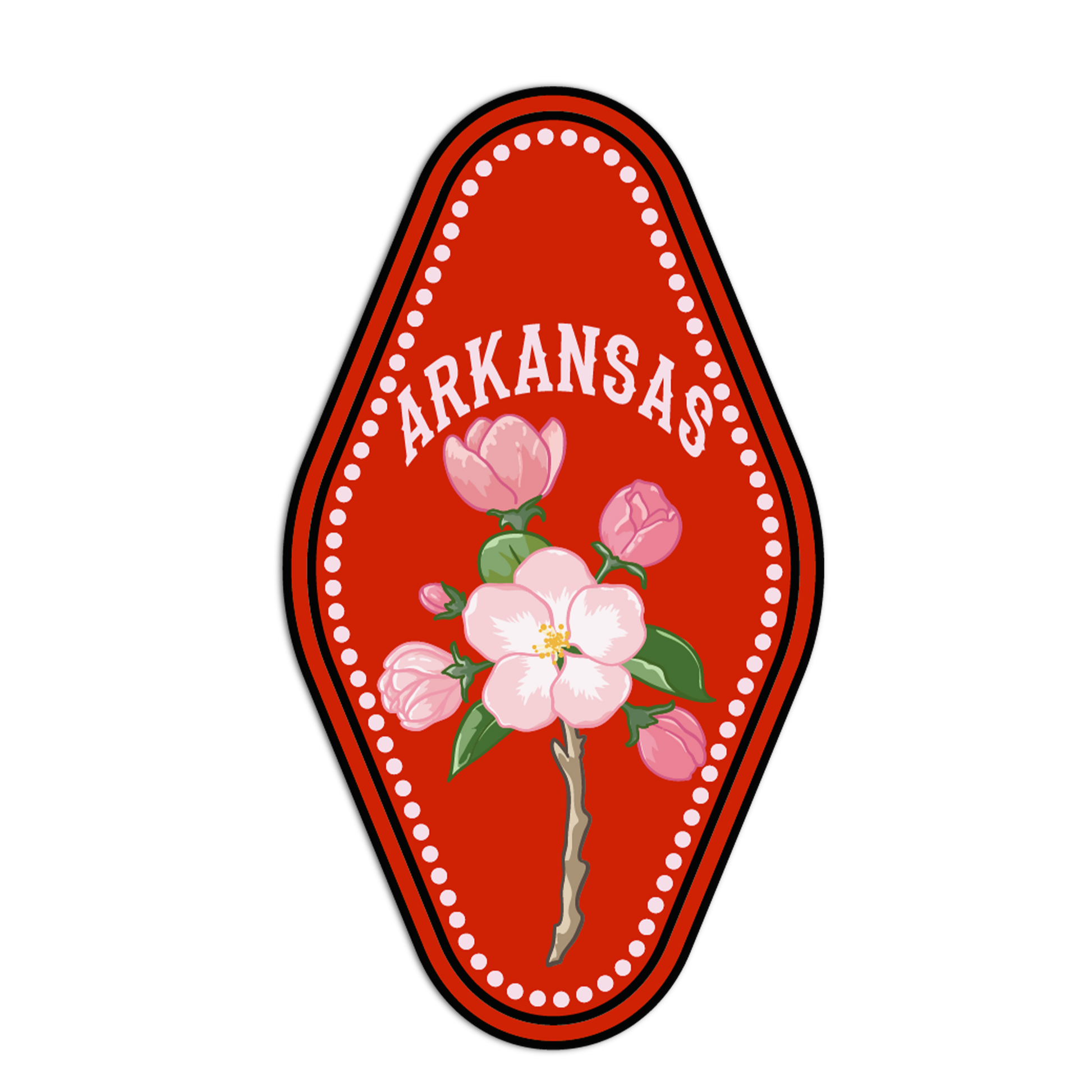Decorative emblem with pink flowers and 'ARKANSAS ' text on a red background
