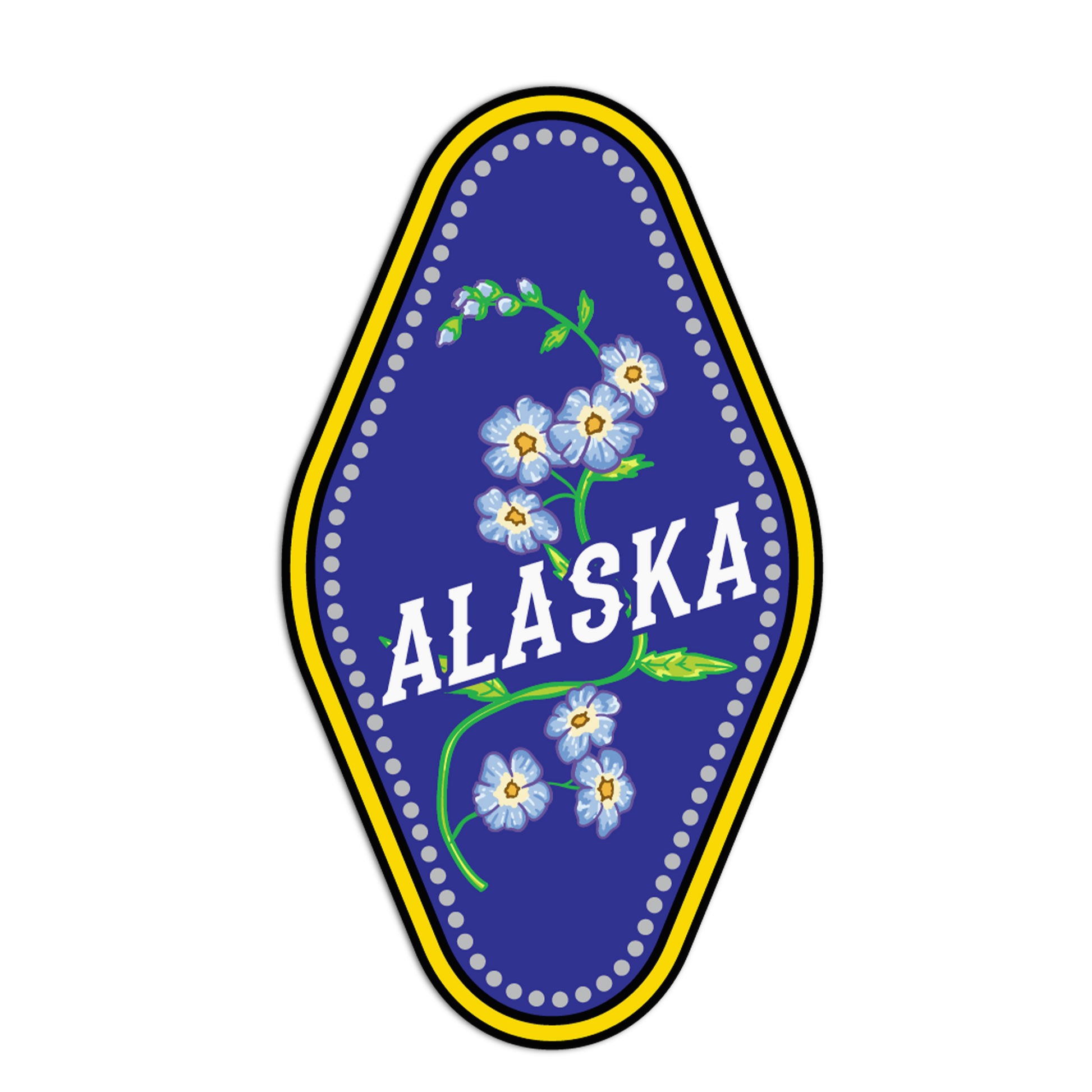 Decorative sign with 'Alaska' and floral design on a blue background