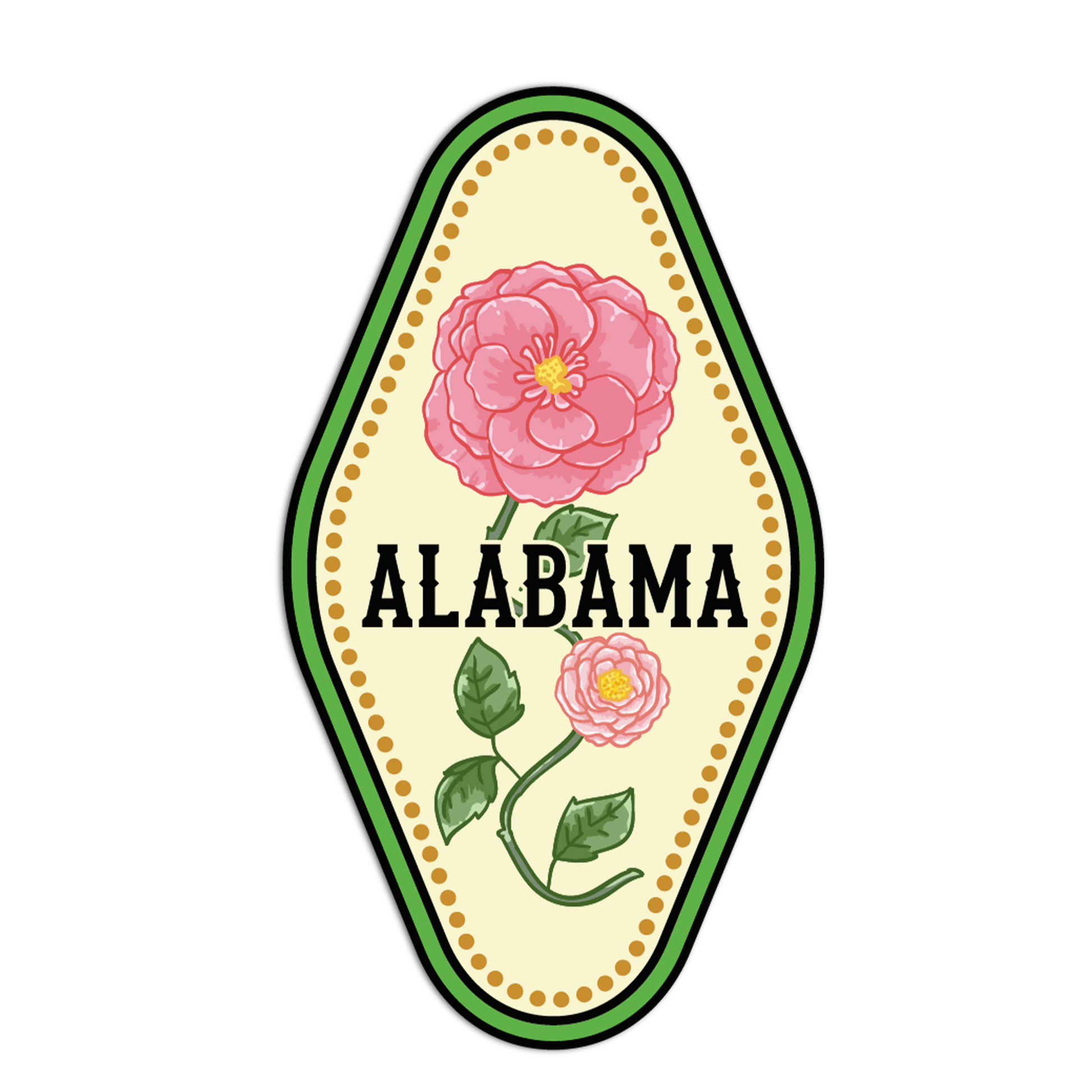 Decorative Alabama logo with pink flowers and green leaves on a white background