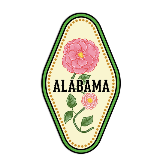 Decorative Alabama logo with pink flowers and green leaves on a white background