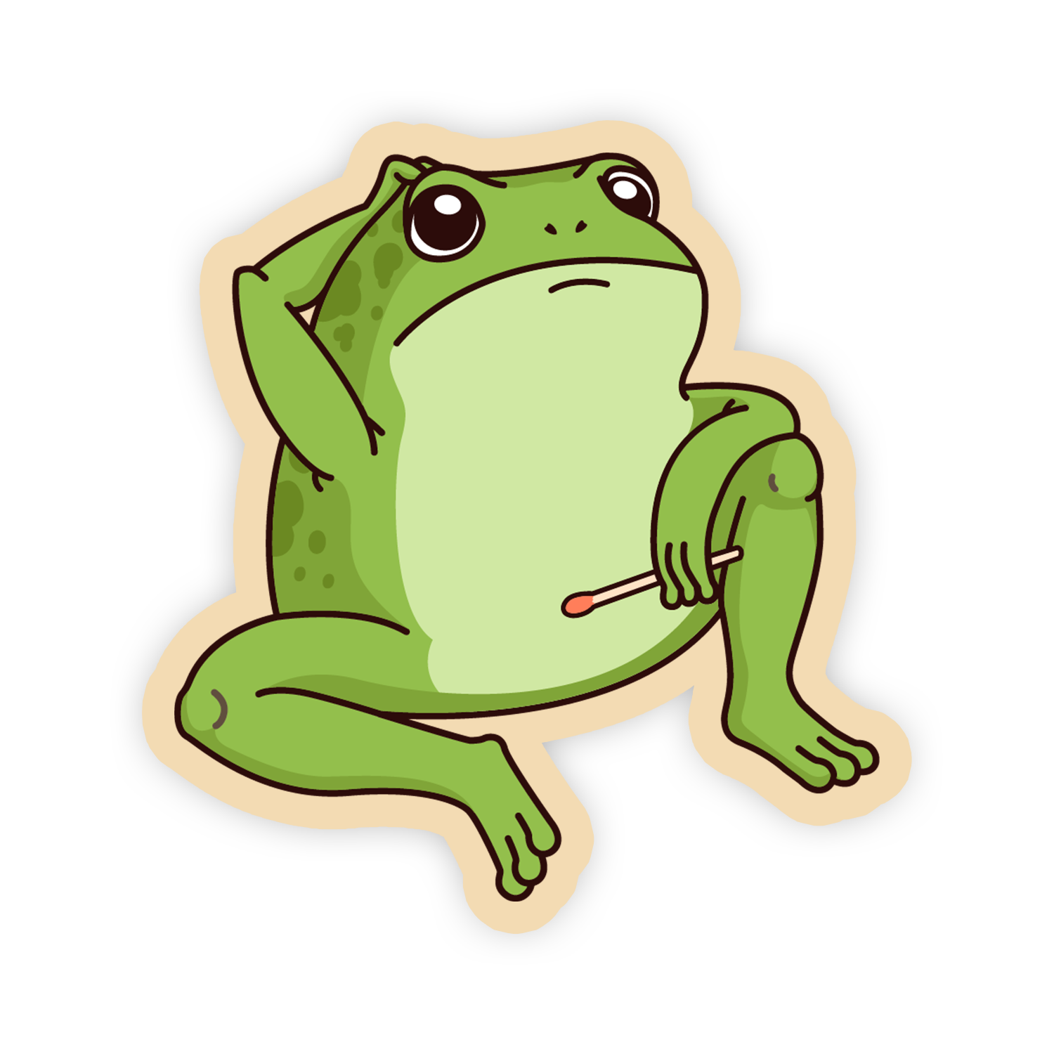 Cartoon frog holding a match on a white background