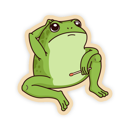 Cartoon frog holding a match on a white background