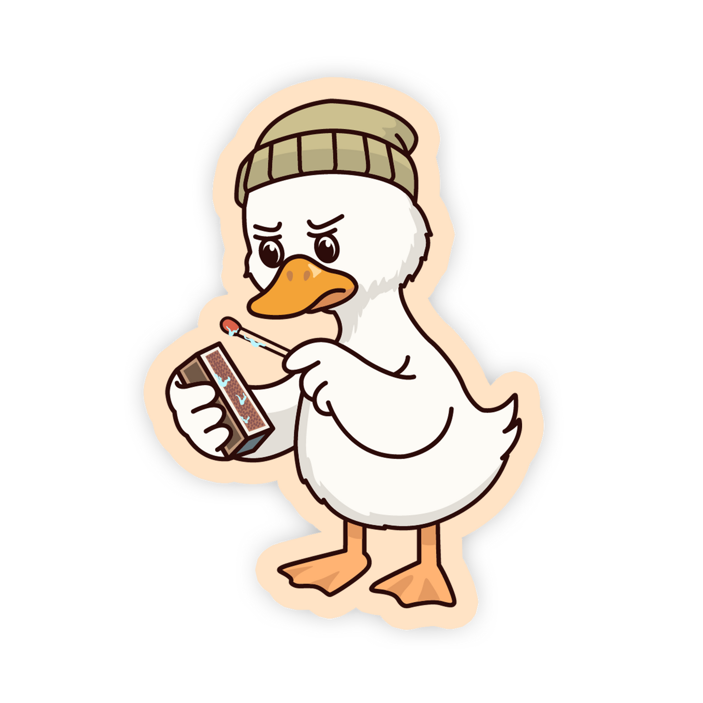 Cartoon duck character with a beanie and makeup items on a white background