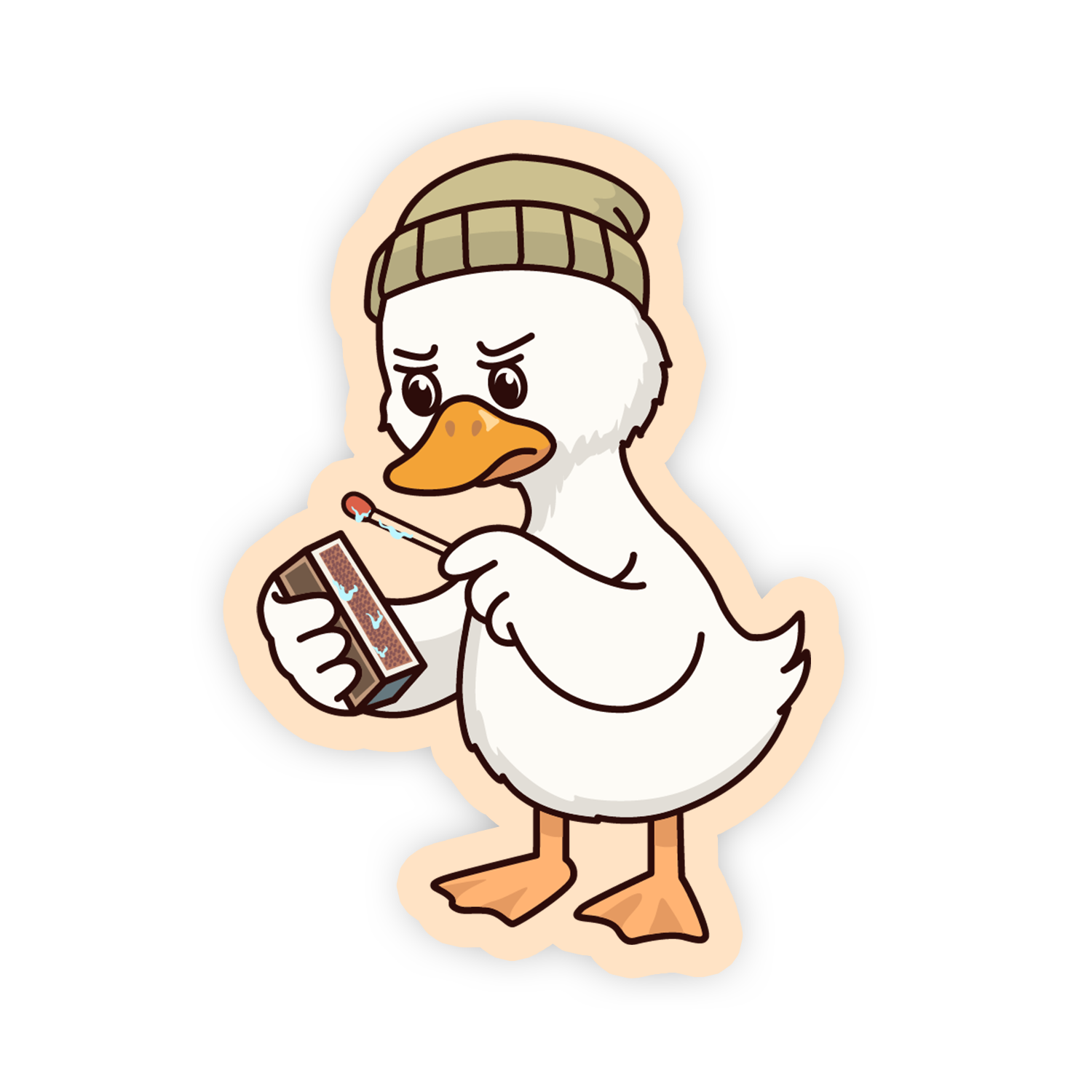 Cartoon duck character with a beanie and makeup items on a white background