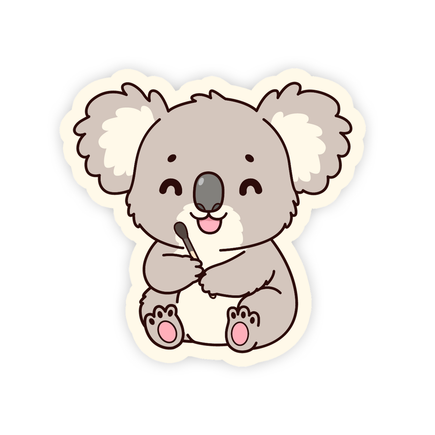 Cartoon koala holding a koala leaf on a white background