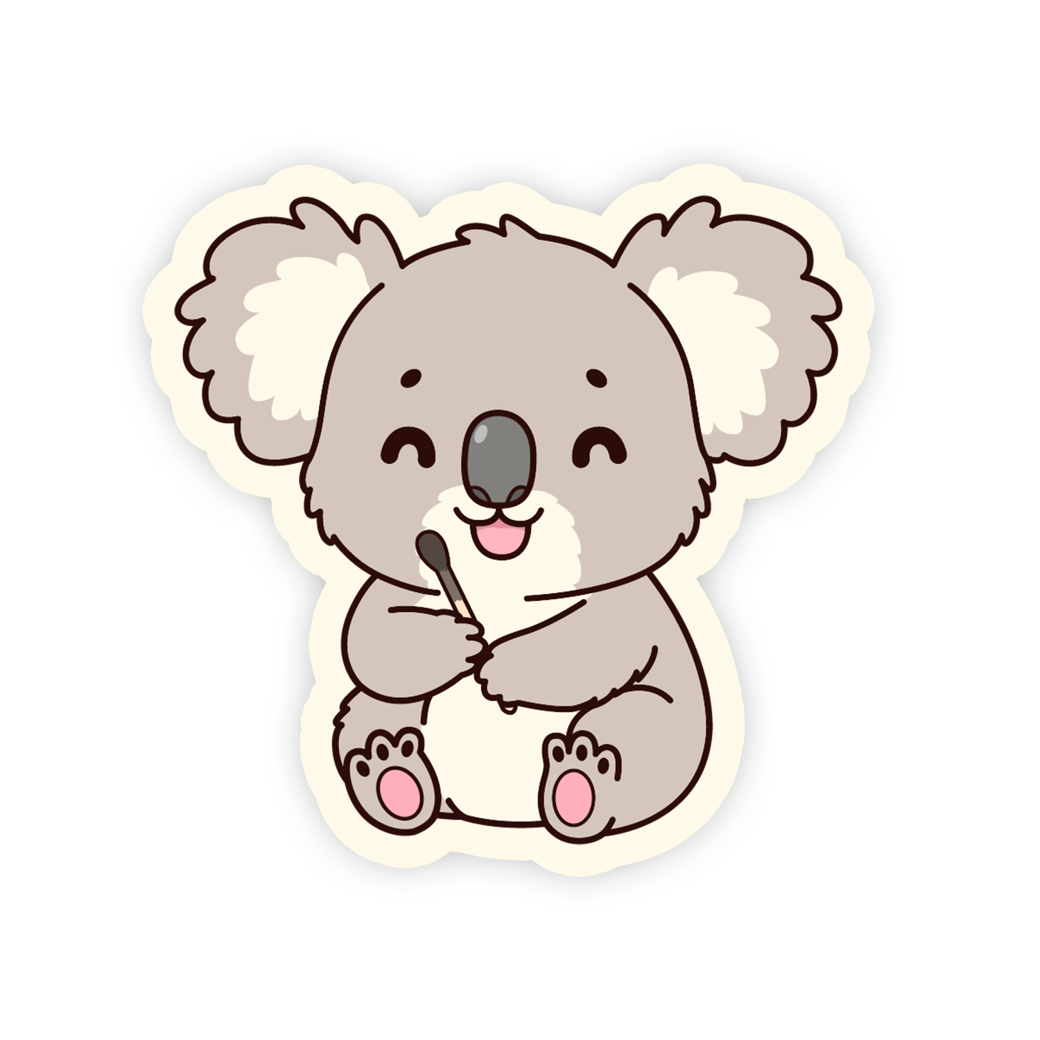 Cartoon koala holding a koala leaf on a white background