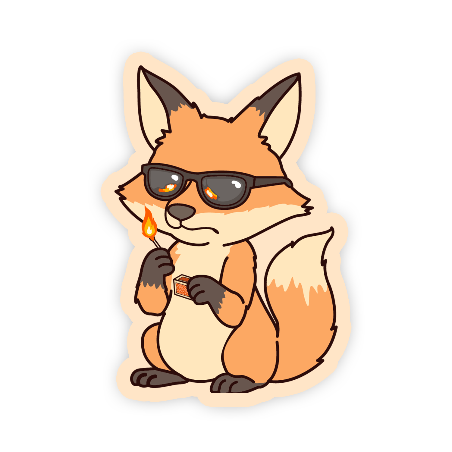 Sticker of a fox wearing sunglasses and holding a lighter on a white background