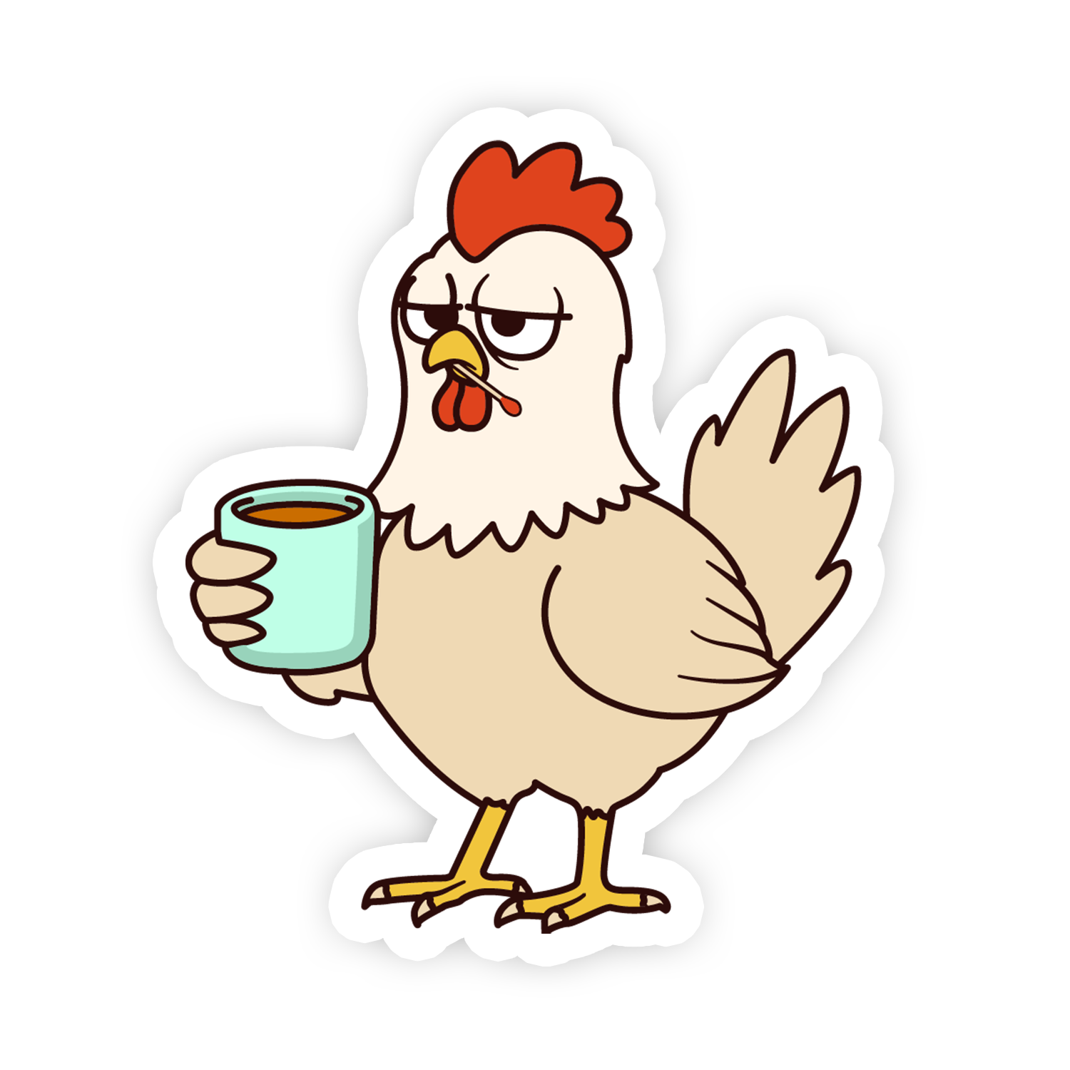 Cartoon chicken holding a cup of coffee on a white background