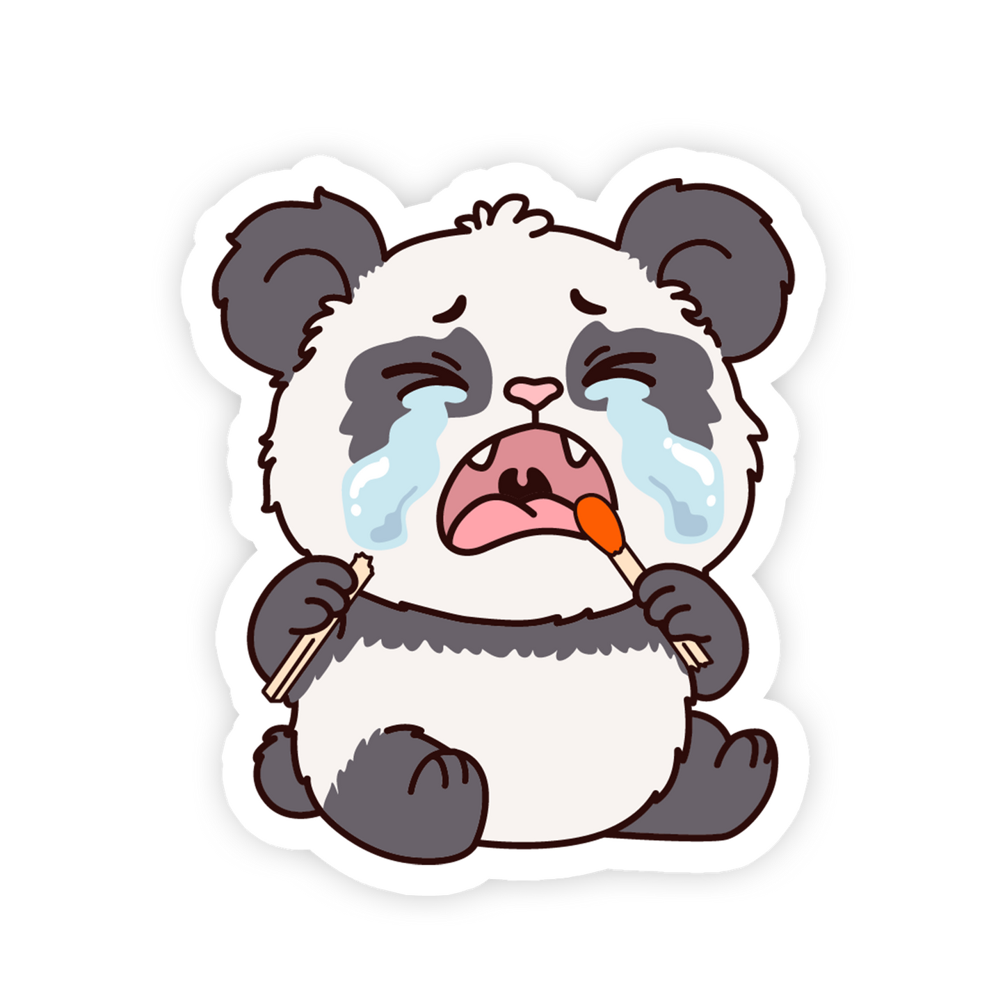 Crying panda holding a carrot on a white background