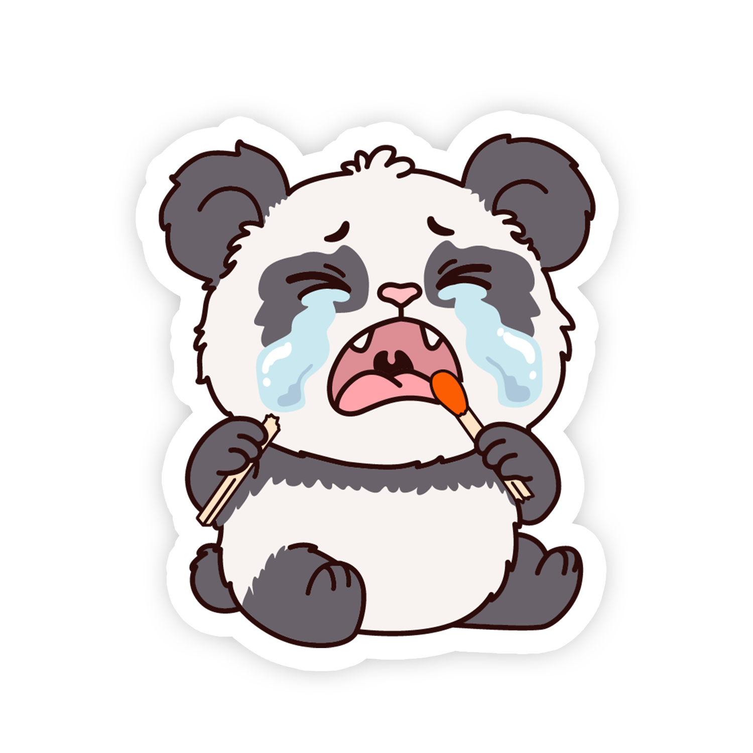 Crying panda holding a carrot on a white background