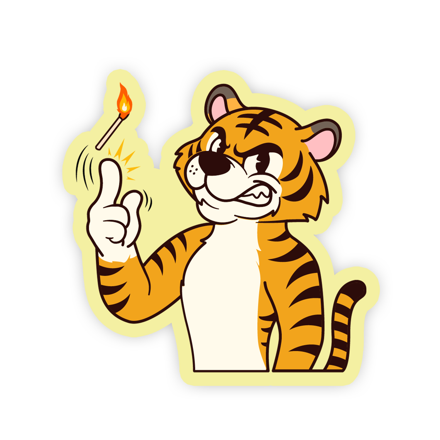 Cartoon tiger holding a match on a white background