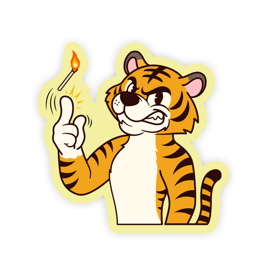 Cartoon tiger holding a match on a white background