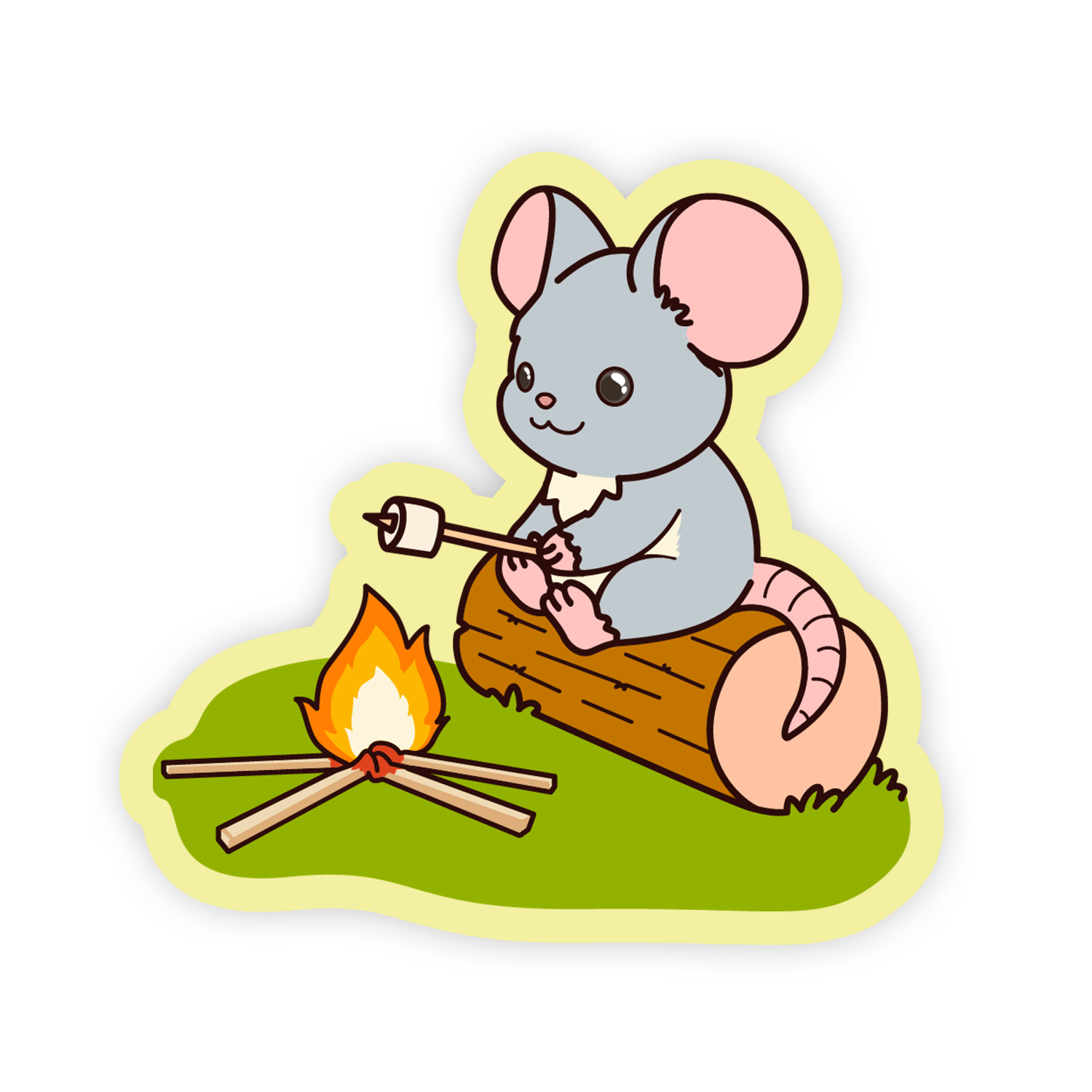 Illustration of a mouse sitting on a log over a campfire, holding a marshmallow.