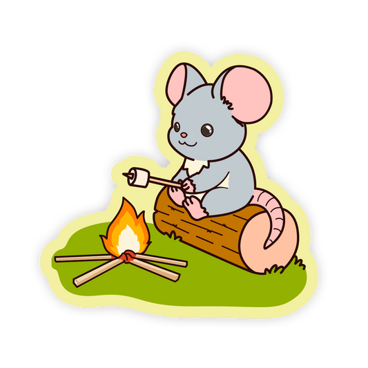 Illustration of a mouse sitting on a log over a campfire, holding a marshmallow.