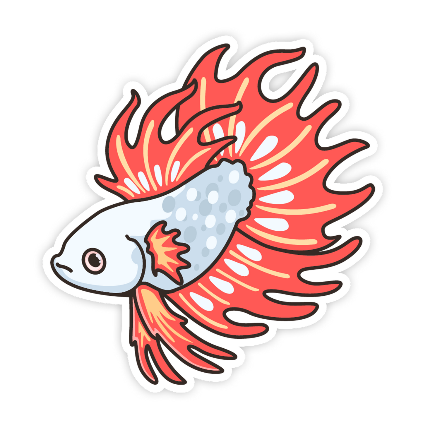 Sticker of a fish with fiery red and orange fins on a white background