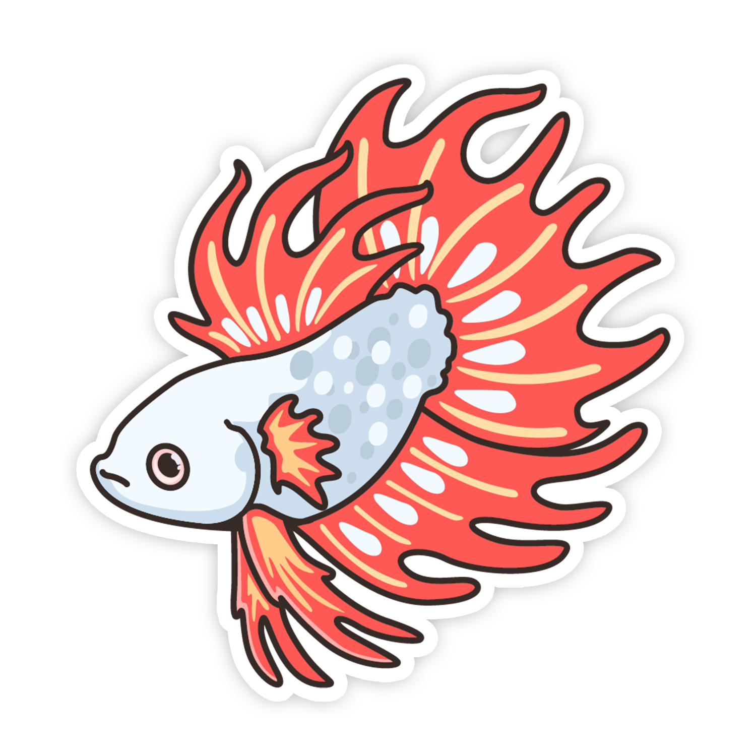 Sticker of a fish with fiery red and orange fins on a white background