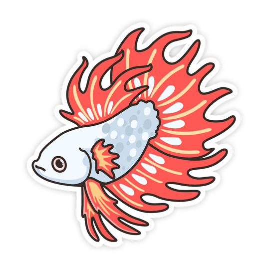 Sticker of a fish with fiery red and orange fins on a white background