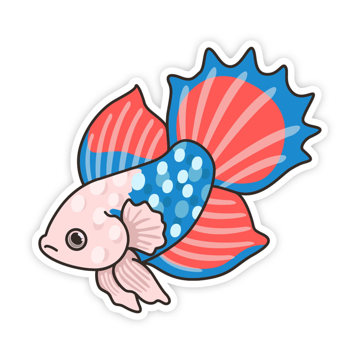 Cartoon fish with red and blue tail on a white background
