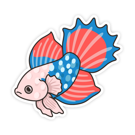 Cartoon fish with red and blue tail on a white background