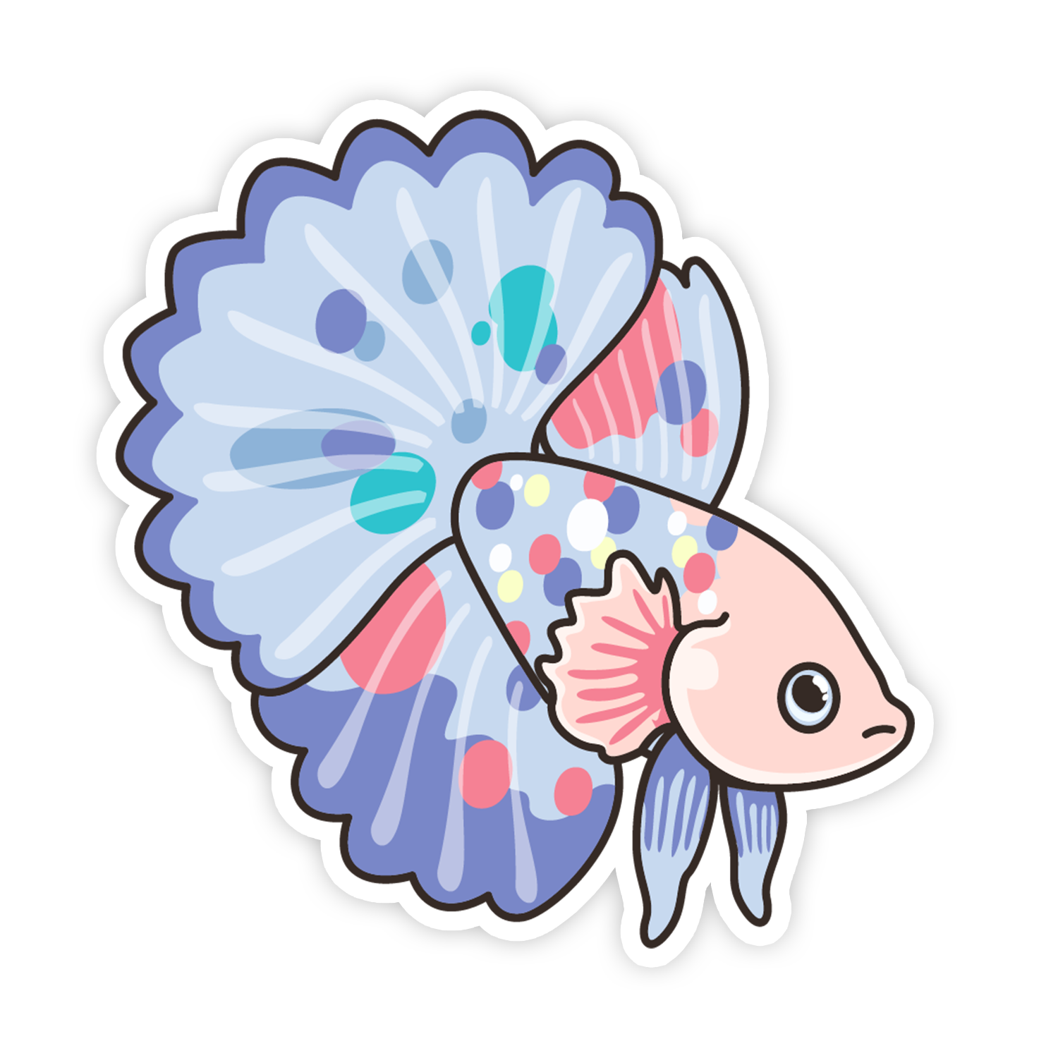 Colorful cartoon fish with a polka dot pattern on a white background