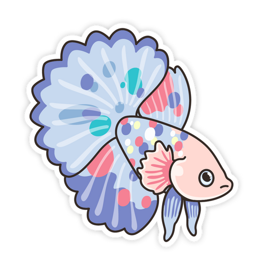 Colorful cartoon fish with a polka dot pattern on a white background