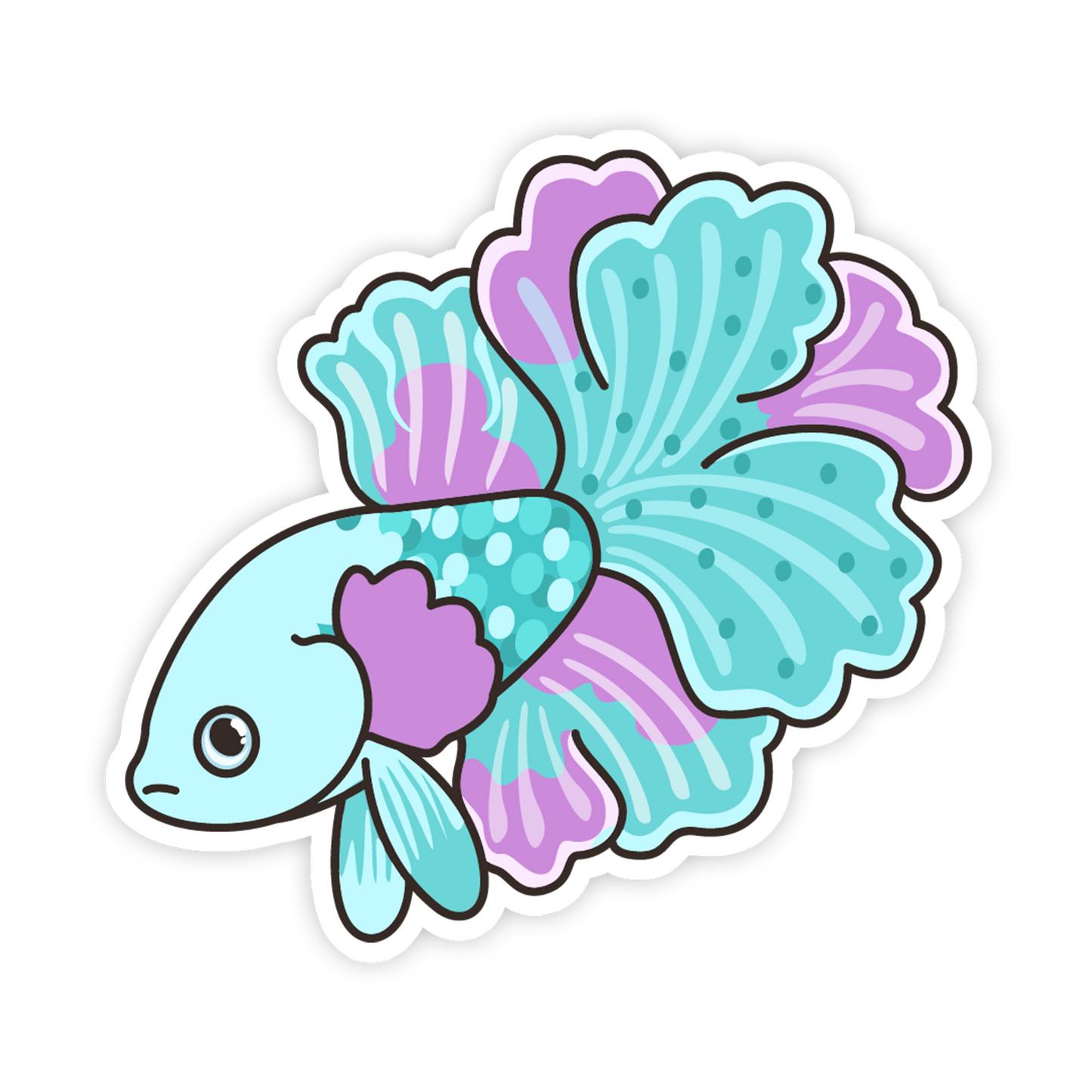 Colorful cartoon fish sticker with blue and purple colors on a white background